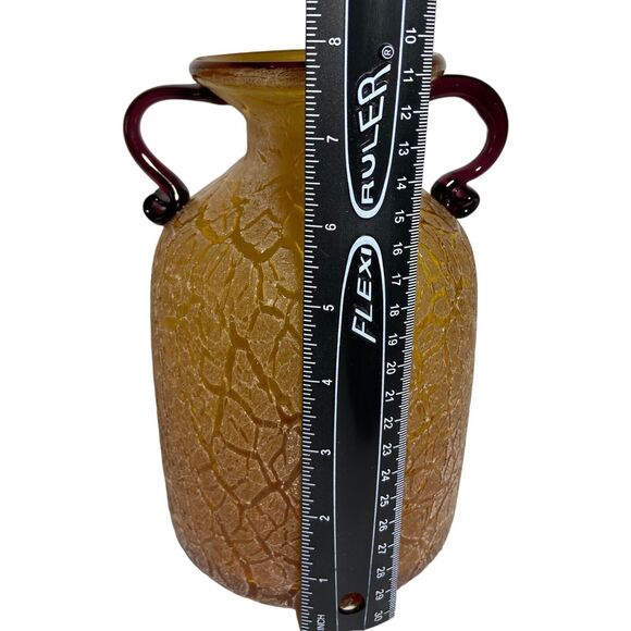 Vintage Hand Blown Art Glass Handled Vase Frosted Crackle Textured Brown Rare - Picture 9 of 10